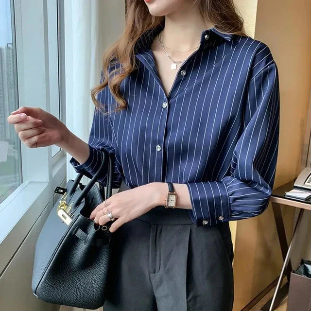 KENDRA | Blau gestreifte Polo-Kragen Strickjacke Bluse für Frauen