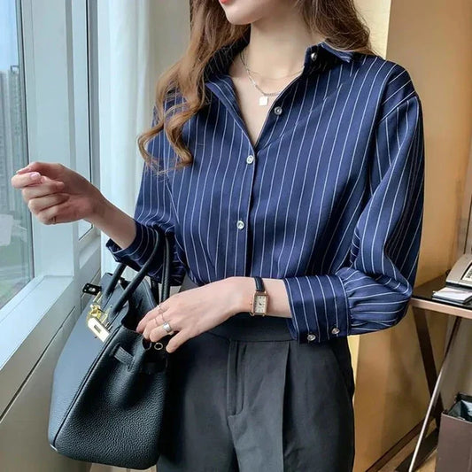 KENDRA | Blau gestreifte Polo-Kragen Strickjacke Bluse für Frauen