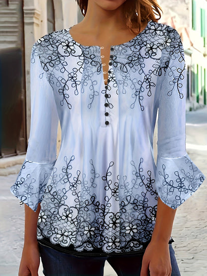 Geknöpfte Bluse mit Blumendruck - gerüschte halbe Ärmel & lässige Passform