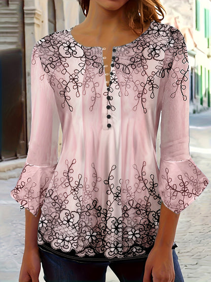 Geknöpfte Bluse mit Blumendruck - gerüschte halbe Ärmel & lässige Passform