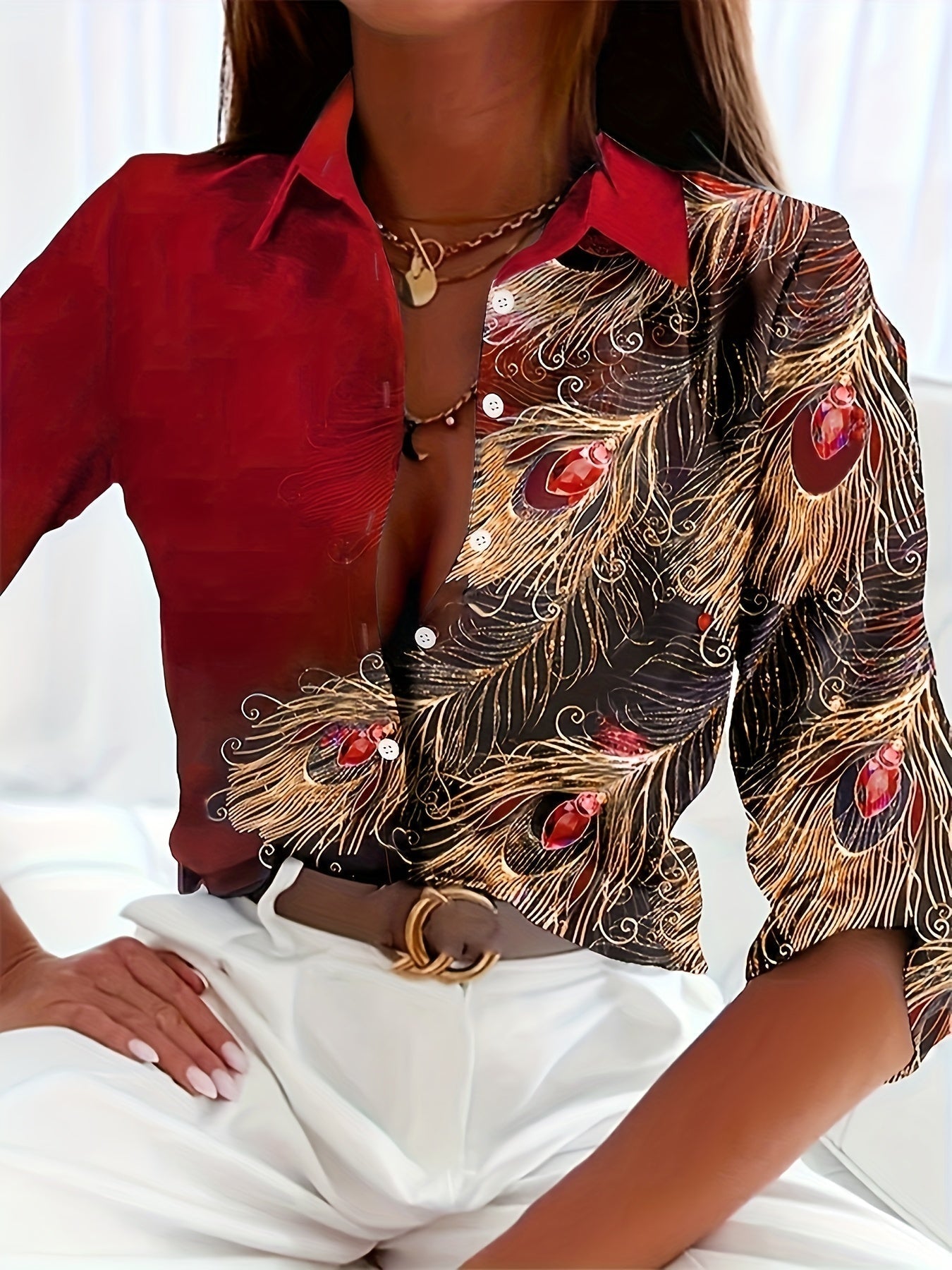 Knöpfe für Bluse - Pfau Druck & Reverskragen Design