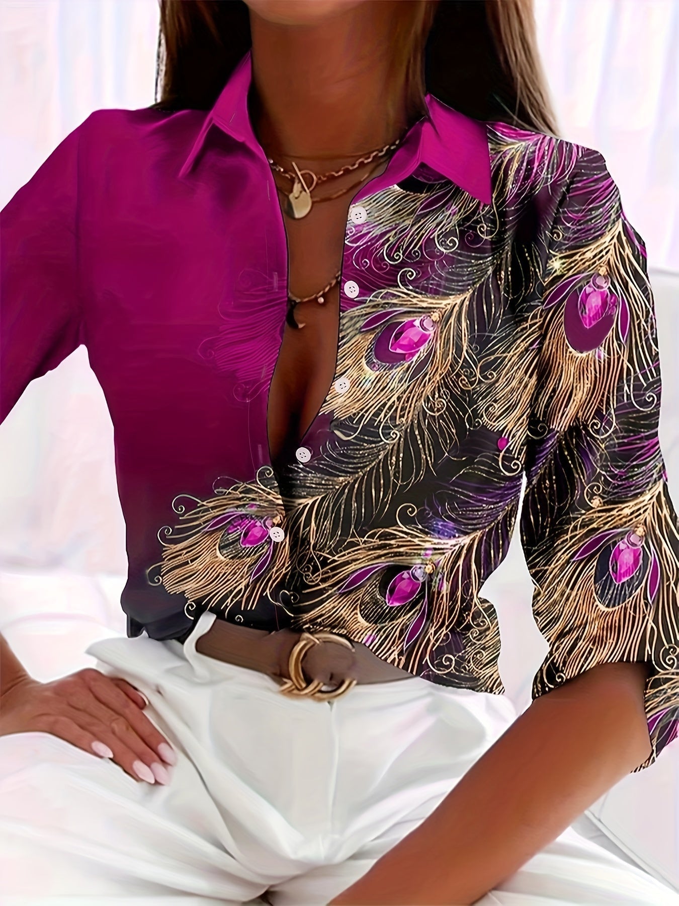 Knöpfe für Bluse - Pfau Druck & Reverskragen Design