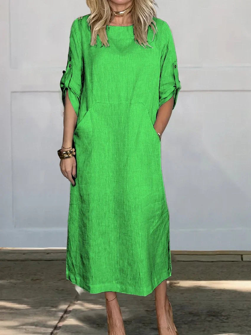 Korinna - Bequemes Leinenkleid mit Taschen in Uni-Farbe