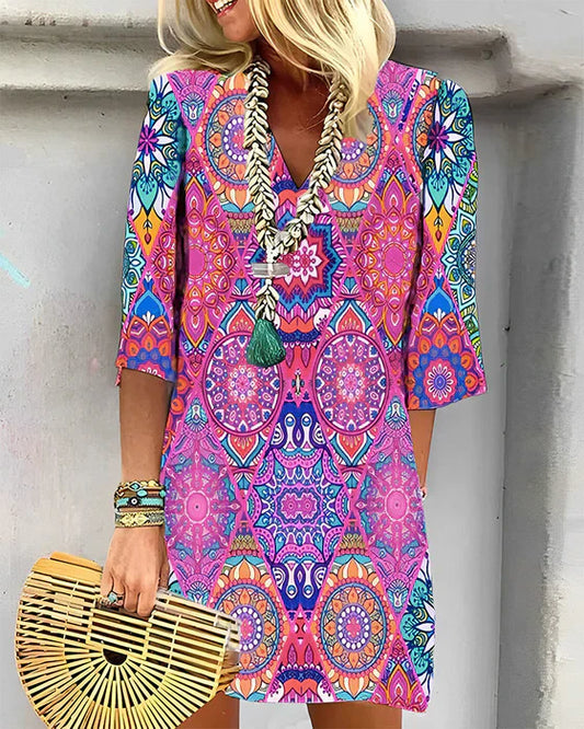 Kylene - Geometrisches Kleid 3/4 Ärmel