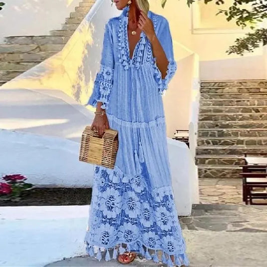 Adalyn - Langes Bohème-Kleid mit Spitze und Quasten