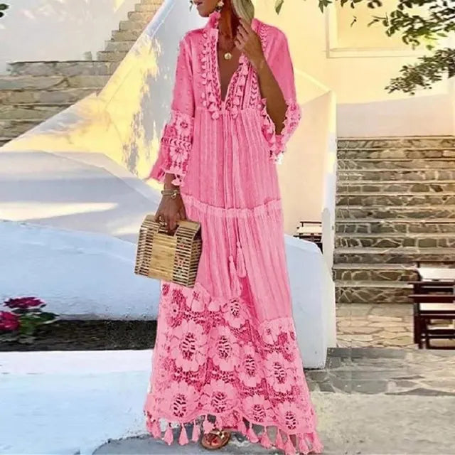 Adalyn - Langes Bohème-Kleid mit Spitze und Quasten