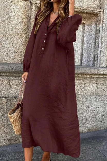 Lia - Kleid aus Baumwollleinen mit V-Ausschnitt und einreihigem Knopfverschluss