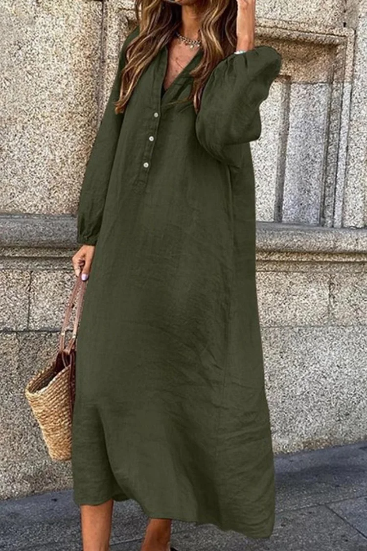 Lia - Kleid aus Baumwollleinen mit V-Ausschnitt und einreihigem Knopfverschluss