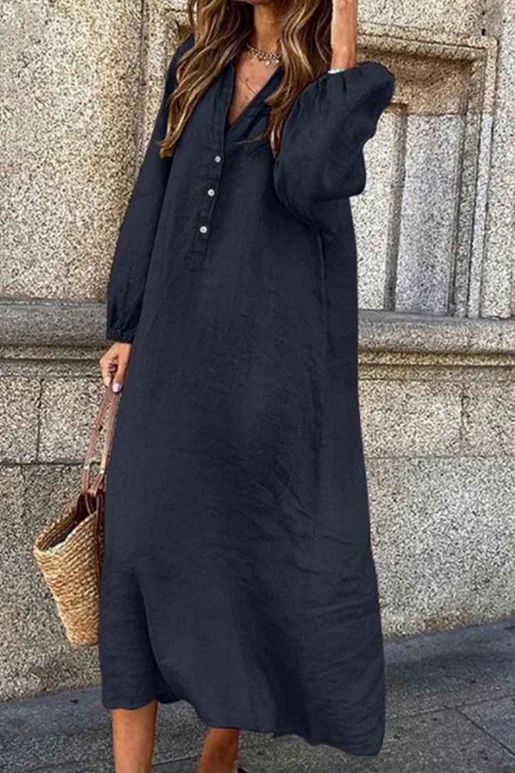 Lia - Kleid aus Baumwollleinen mit V-Ausschnitt und einreihigem Knopfverschluss