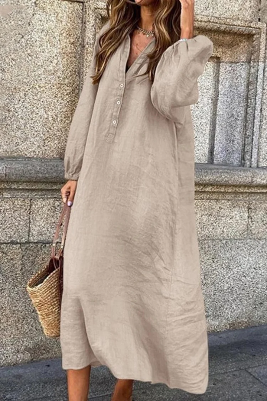 Lia - Kleid aus Baumwollleinen mit V-Ausschnitt und einreihigem Knopfverschluss