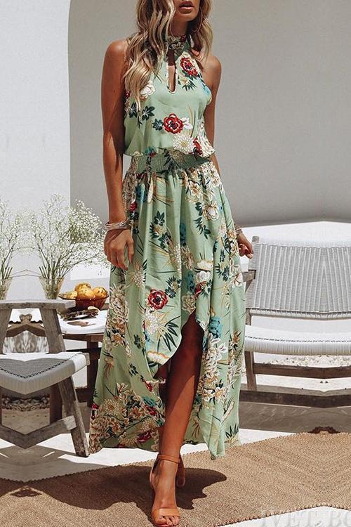 Llana - Grünes Kleid mit Rundhalsausschnitt und Blumendruck