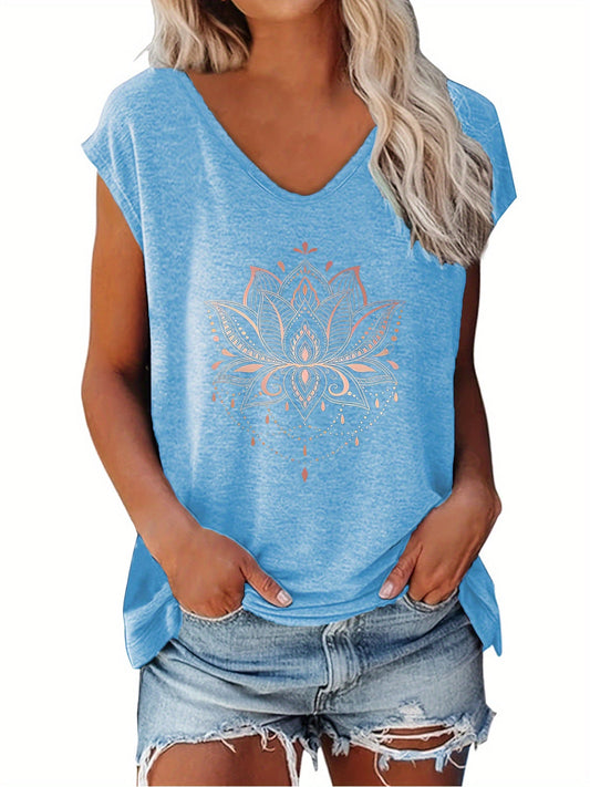 T-Shirt mit Lotusdruck - V-Ausschnitt und lässige Ärmel mit Kappe