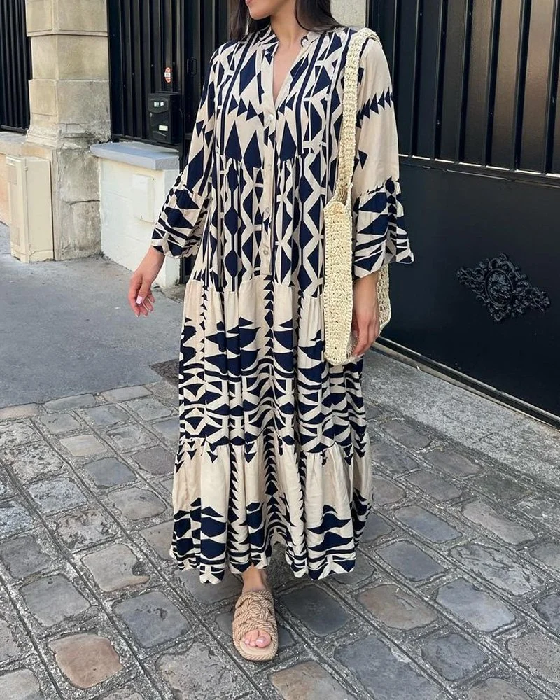 Maggie - Bedrucktes Freizeitkleid mit V-Ausschnitt und langen Ärmeln