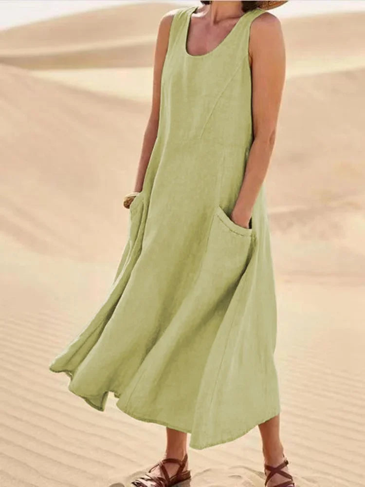 Malou - Ärmelloses Kleid aus Baumwolle und Leinen mit Taschen