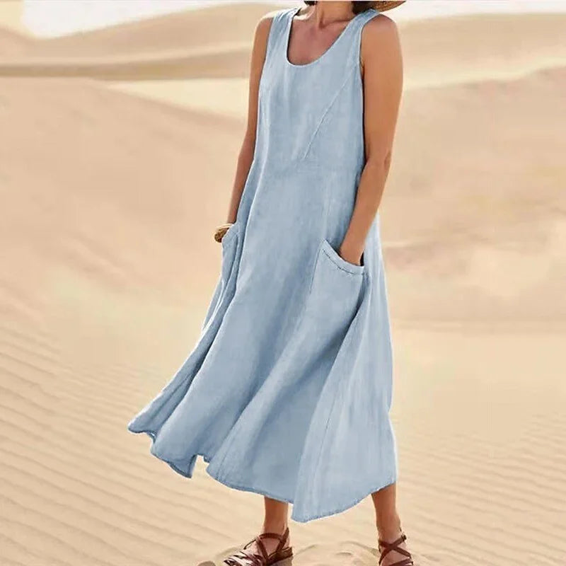Malou - Ärmelloses Kleid aus Baumwolle und Leinen mit Taschen