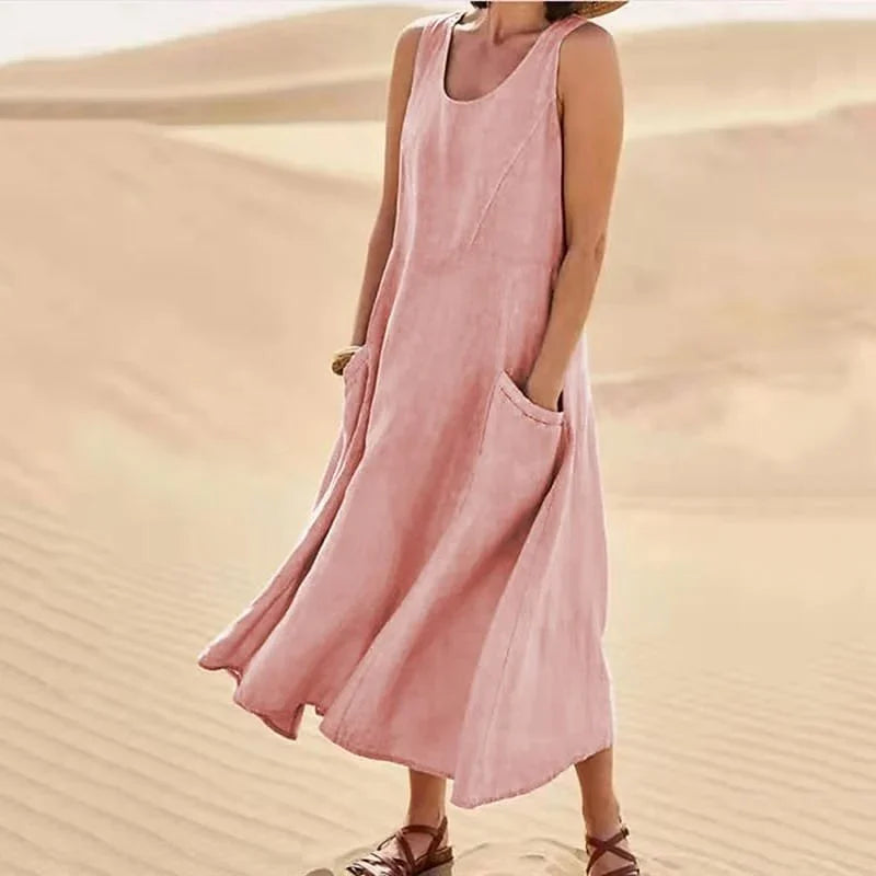 Malou - Ärmelloses Kleid aus Baumwolle und Leinen mit Taschen