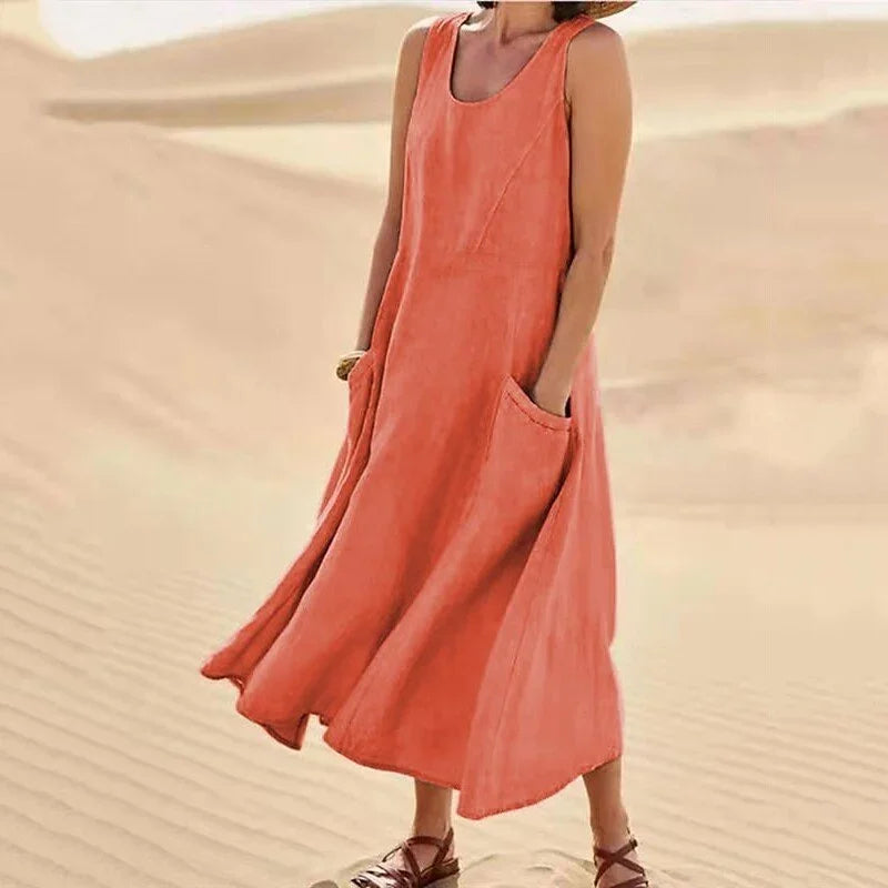 Malou - Ärmelloses Kleid aus Baumwolle und Leinen mit Taschen