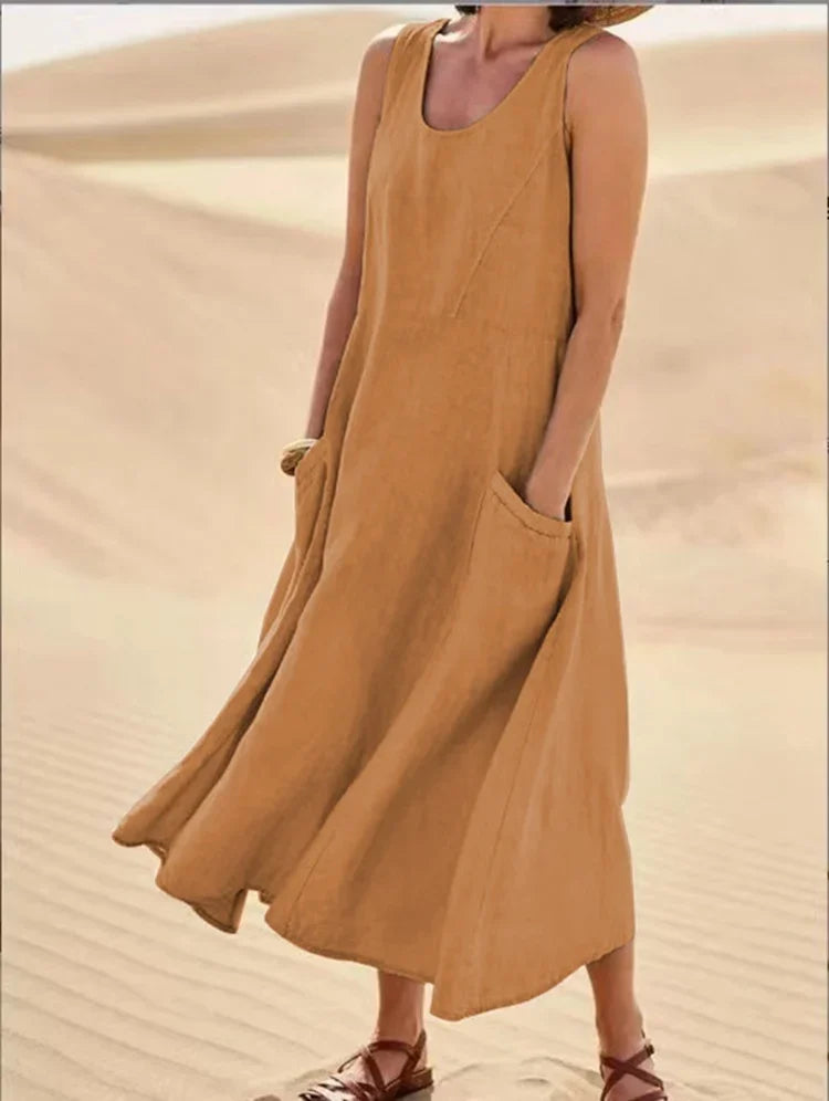 Malou - Ärmelloses Kleid aus Baumwolle und Leinen mit Taschen