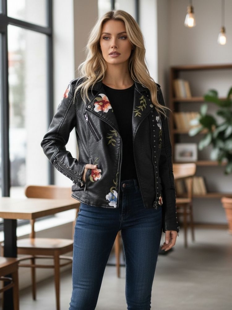 Maribel | Damenlederjacke mit gestickten Blumen – schick und elegant