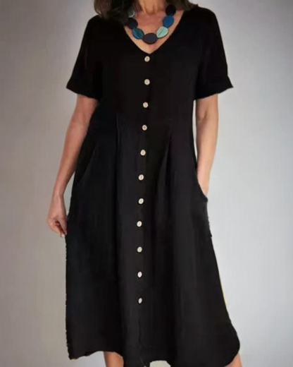 Marina - Lockeres Leinenkleid mit spitzem Ausschnitt