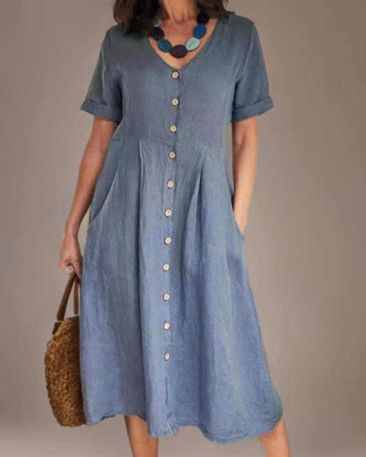 Marina - Lockeres Leinenkleid mit spitzem Ausschnitt