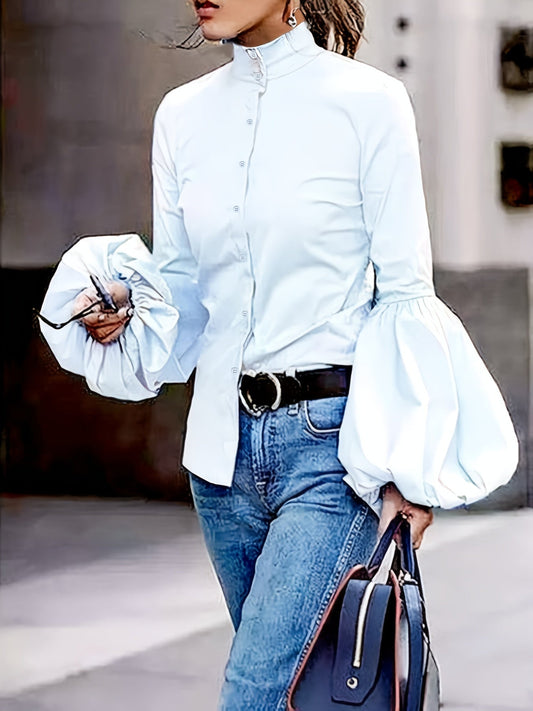 Bluse mit Rundhalsausschnitt - Knöpfe vorne & Laternenärmel Design