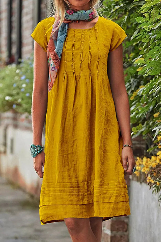 Neve - Kurzärmeliges Freizeitkleid mit U-Ausschnitt aus einfarbigem Patchwork