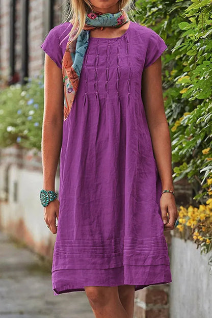 Neve - Kurzärmeliges Freizeitkleid mit U-Ausschnitt aus einfarbigem Patchwork