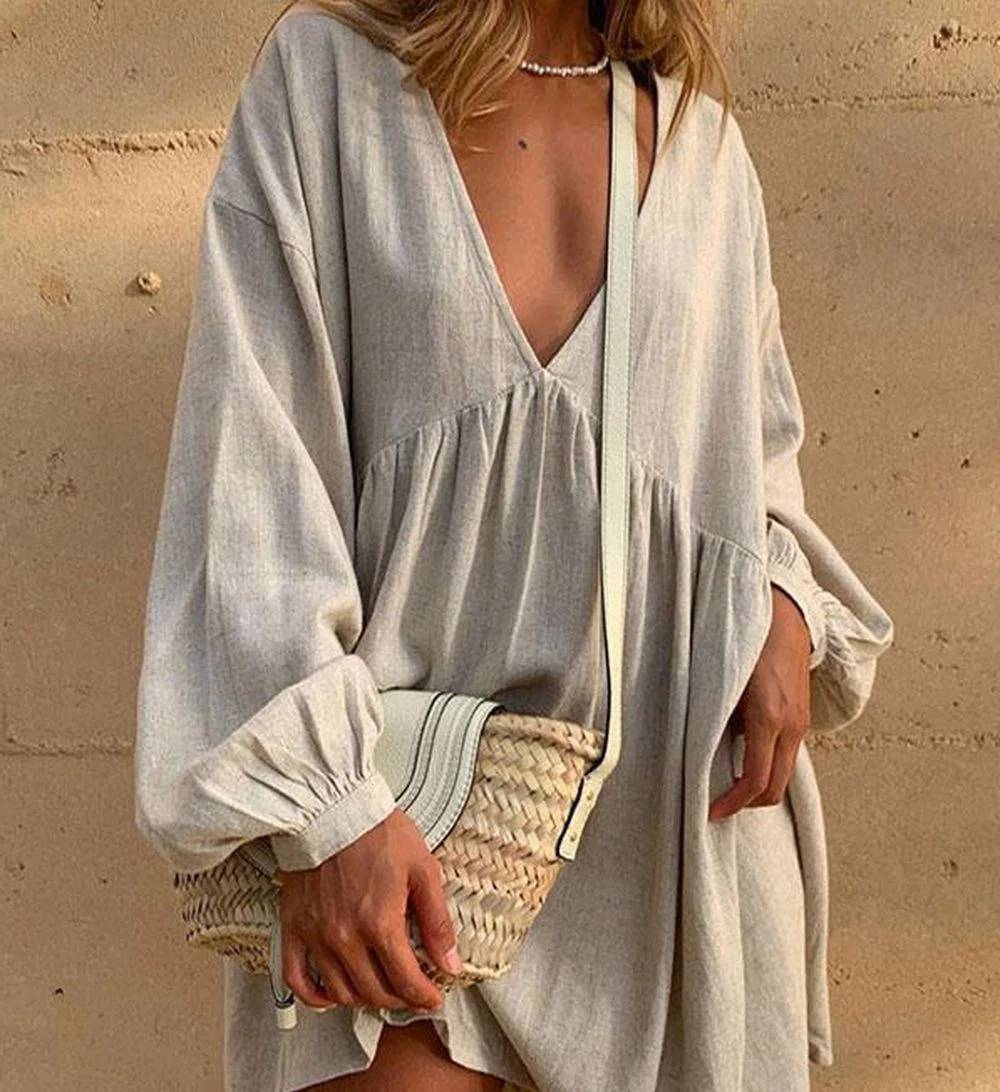 Nikita - Freizeitkleid mit V-Ausschnitt und plissierten Laternenärmeln