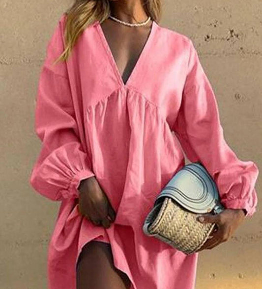 Nikita - Freizeitkleid mit V-Ausschnitt und plissierten Laternenärmeln