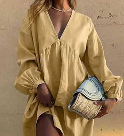 Nikita - Freizeitkleid mit V-Ausschnitt und plissierten Laternenärmeln