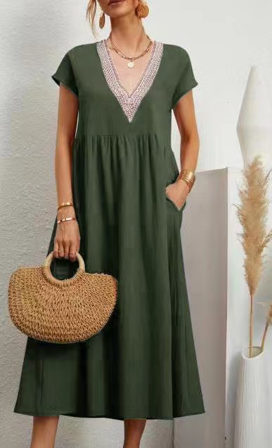 Lavine - Kleid mit losen Taschen, V-Ausschnitt und kurzen Ärmeln, aus Baumwolle und Leinen
