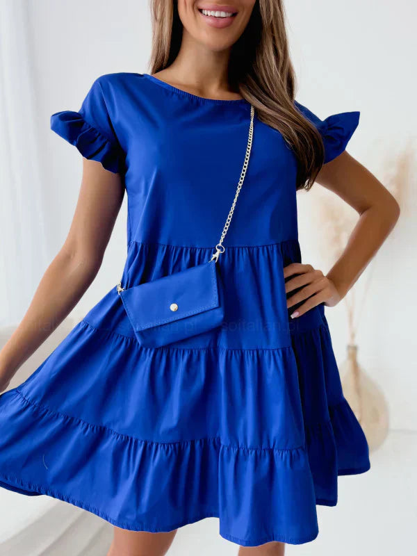 Kleid mit weiten Ärmeln, rundem Ausschnitt und unregelmäßigem Saum