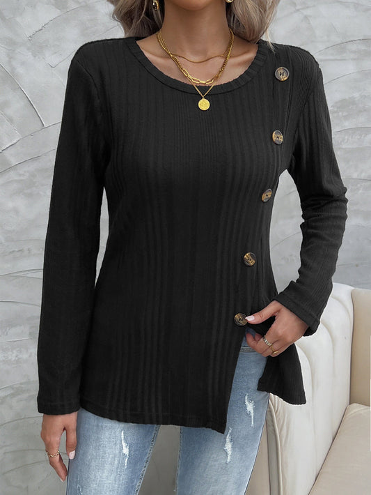 Schwarzes Stricktop mit diagonalem Knopfverschluss für Frauen
