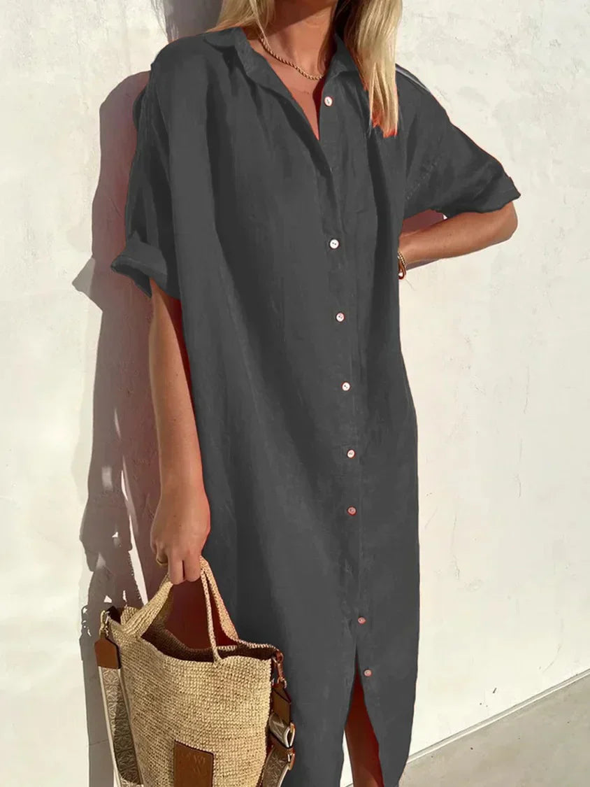 Hange - elegantes und lässiges Kleid mit langen Ärmeln und Knopfleiste für Frauen Kleider aus Baumwolle und Leinen
