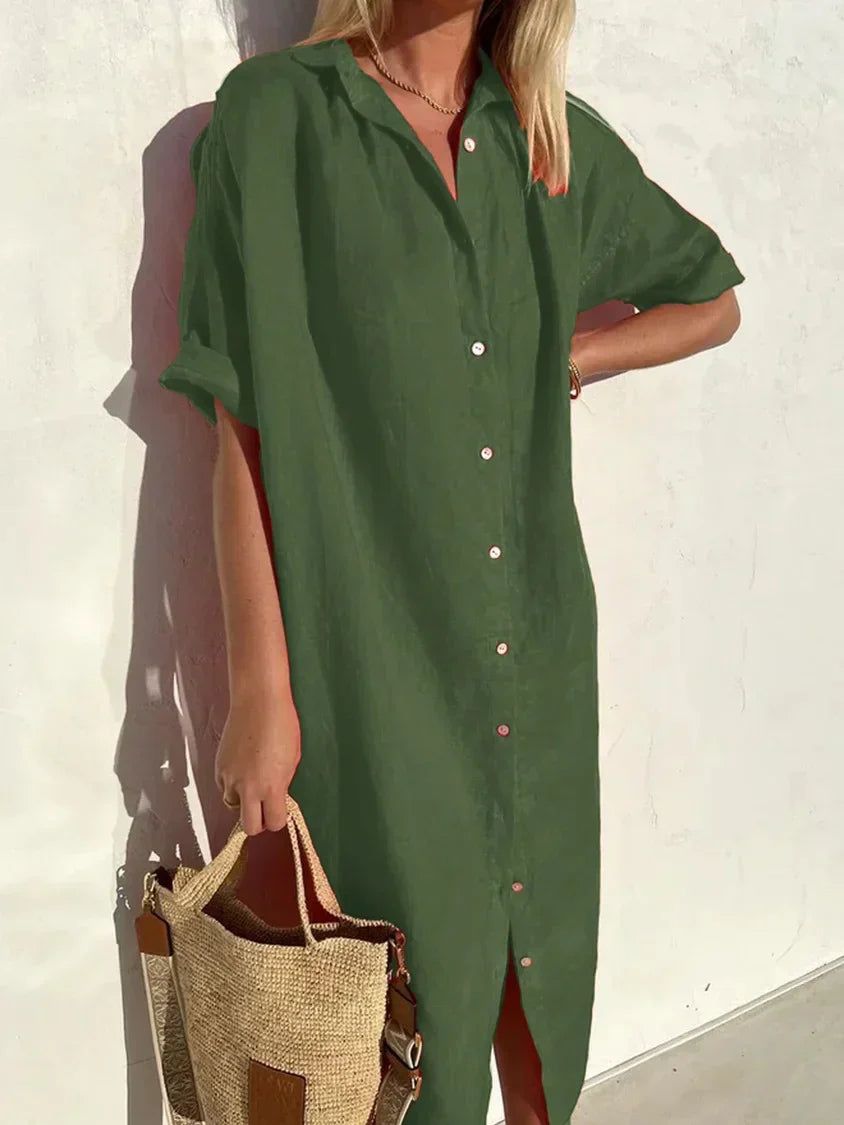 Hange - elegantes und lässiges Kleid mit langen Ärmeln und Knopfleiste für Frauen Kleider aus Baumwolle und Leinen