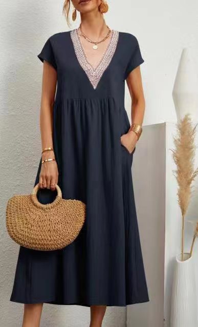 Lavine - Kleid mit losen Taschen, V-Ausschnitt und kurzen Ärmeln, aus Baumwolle und Leinen