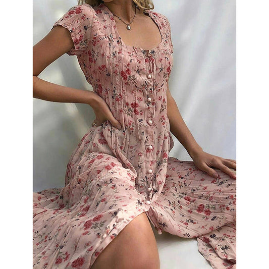 Beliebtes, modisches Blumenkleid mit Knöpfen