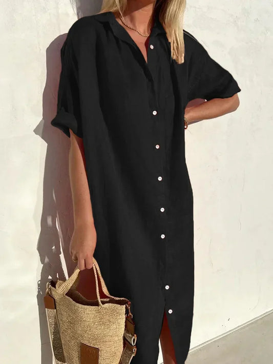 Hange - elegantes und lässiges Kleid mit langen Ärmeln und Knopfleiste für Frauen Kleider aus Baumwolle und Leinen