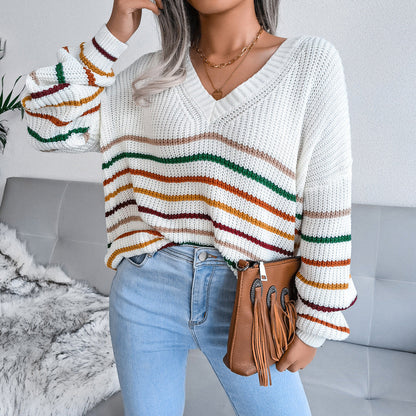 Bella - Weißer, gestreifter Retro-Strickpullover für Frauen