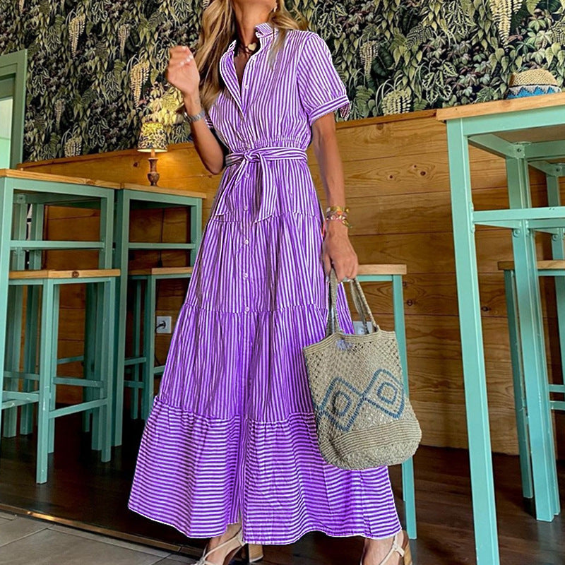 Fashion Gestreifte Ärmel Lockeres Midi-Kleid Kurze Hose