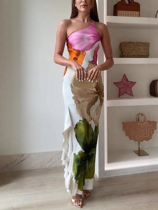 Stilvolles langes Kleid mit Blumenprint und One-Shoulder-Design für den Alltag