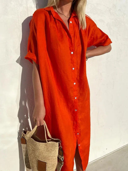 Hange - elegantes und lässiges Kleid mit langen Ärmeln und Knopfleiste für Frauen Kleider aus Baumwolle und Leinen