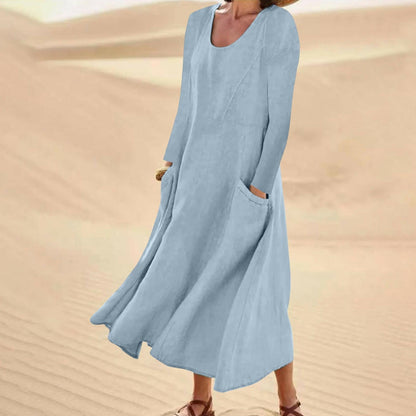 Velly - Einfarbiges, langärmeliges Kleid mit Rundhalsausschnitt