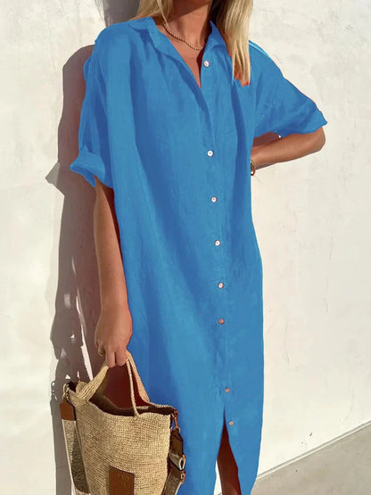 Hange - elegantes und lässiges Kleid mit langen Ärmeln und Knopfleiste für Frauen Kleider aus Baumwolle und Leinen