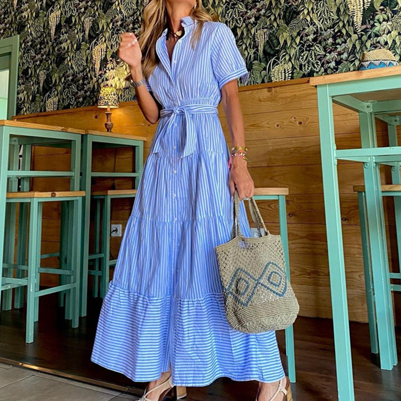Fashion Gestreifte Ärmel Lockeres Midi-Kleid Kurze Hose