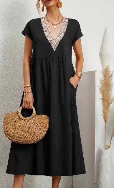 Lavine - Kleid mit losen Taschen, V-Ausschnitt und kurzen Ärmeln, aus Baumwolle und Leinen