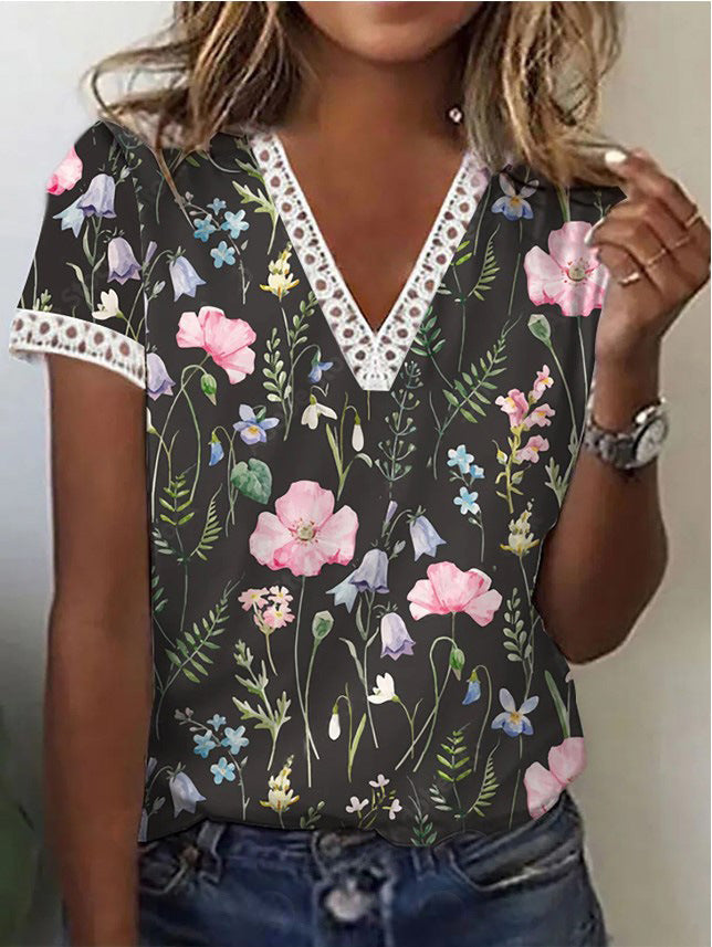 Sherly - Elegantes T-Shirt mit kurzen Ärmeln und V-Ausschnitt-Druck für Frauen