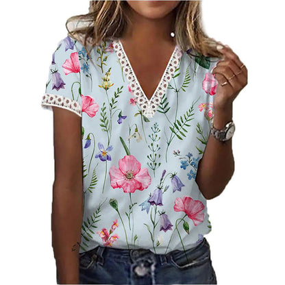Sherly - Elegantes T-Shirt mit kurzen Ärmeln und V-Ausschnitt-Druck für Frauen