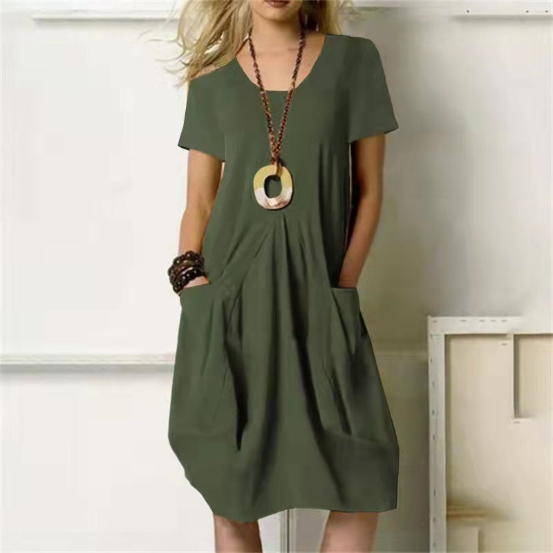 Helena -Ebenes Kleid mit lockerem Rundhalsausschnitt und kurzen Ärmeln